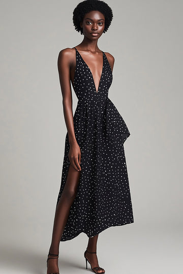 Chiffon A Line Black White Polka Dot Graduation Dress with Slit